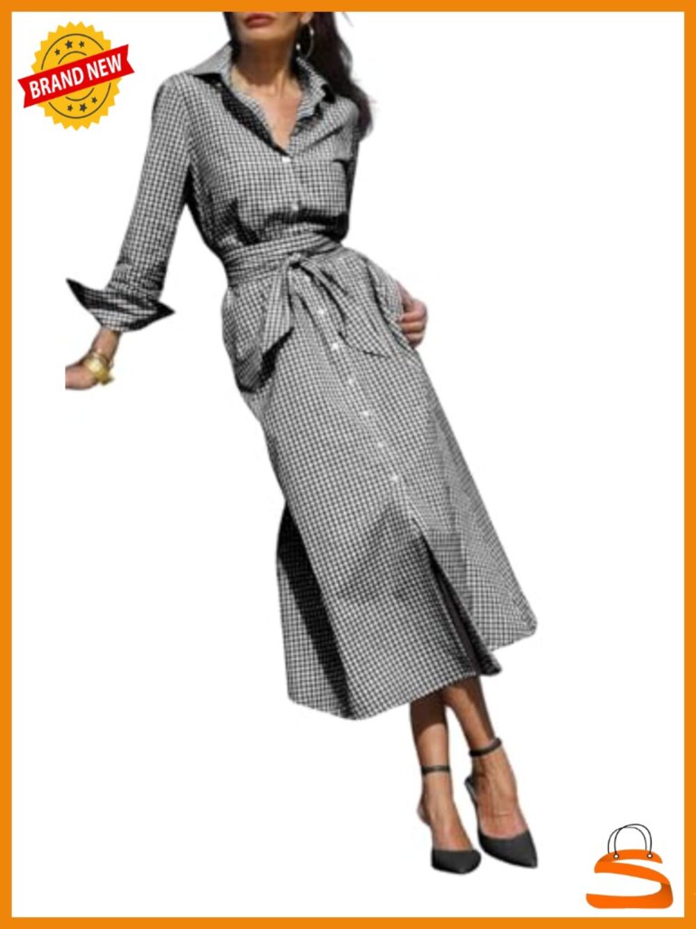 Cotton Plaid Shirt Dress Button Down Tie Waist Maxi A-Line Pockets Long Sleeve